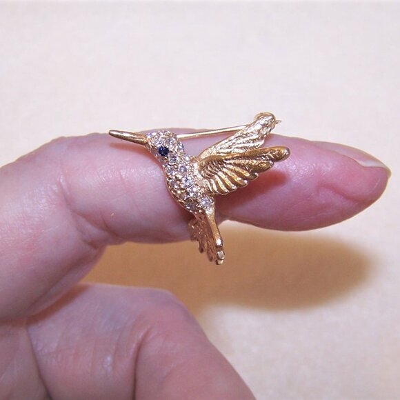 14K Gold Pave Diamond Blue Sapphire Pin Brooch - Hummingbird in Flight - Picture 4 of 7